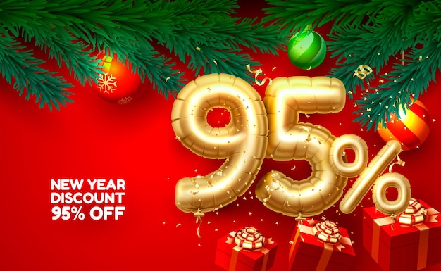 Vrolijk kerstfeest, verkoop 95 korting op ballonnummer op de rode achtergrond. vector illustratie