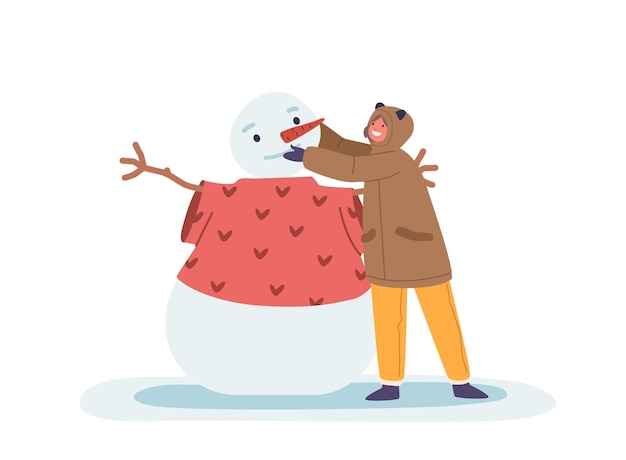 Vector vrolijk kind gebundeld in winterlagen vrolijk een sneeuwpop bouwen met een wortelneus kindkarakter een ijzige vriend maken onder de frisse besneeuwde hemel cartoon mensen vectorillustratie