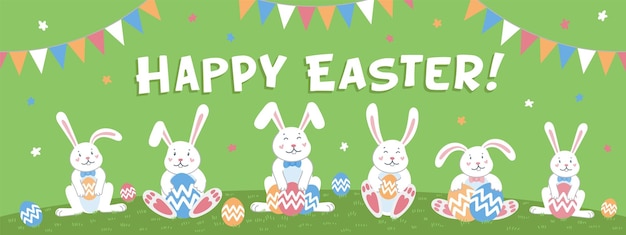 Vrolijk pasen horizontale banner of dekking Pasen cartoon konijntjes met eieren en vrolijk pasen inscriptie op groene achtergrond Vlakke stijl vectorillustratie
