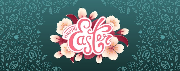 Vrolijk pasen Horizontale vectorbanner Kersenbloesem realistische stijl doodle patroon chocolade-eieren madeliefjes en tulpen Vintage belettering Voor posters ansichtkaarten reclamebanner website flyer