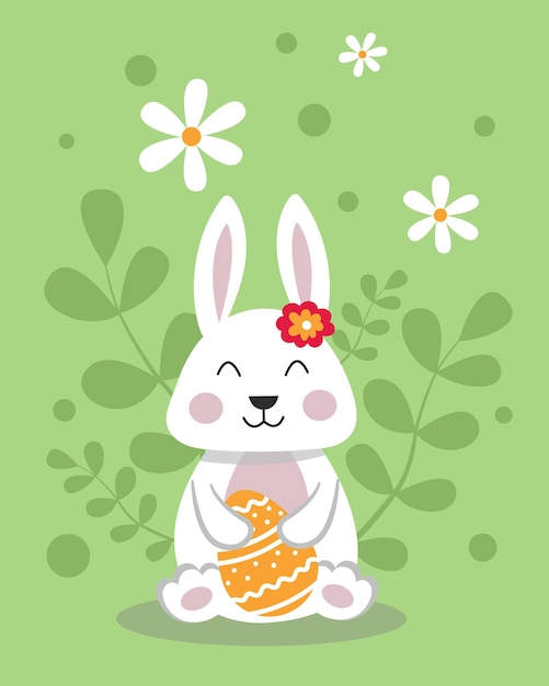 Vector vrolijk pasen-wenskaart met grappig konijnenei en bloemen in leuke tekenfilmstijl