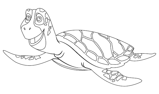 Vrolijke cartoon zeeschildpad in een lineaire stijl voor afdrukbare kinderen kleuren Vectorillustratie