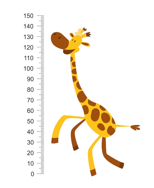 Vrolijke grappige giraf met lange nek. Hoogte meter of meter muur of muursticker van 0 tot 150 centimeter om groei te meten. Childrens illustratie