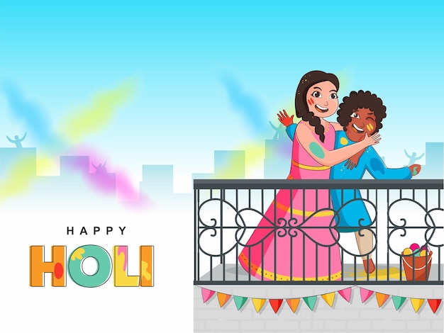 Vrolijke indiase jongen en meisje spelen samen kleuren op balkon ter gelegenheid van holi-viering