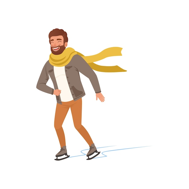 Vrolijke jonge man in warme kleding en sjaal schaatsen vector illustratie op een witte background