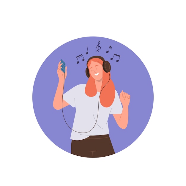 Vrolijke jonge vrouw cartoon karakter luisteren muziek dragen van koptelefoon met behulp van smartphone media player applicatie genieten van ontspannen en rusten dansen vectorillustratie geïsoleerd op witte achtergrond