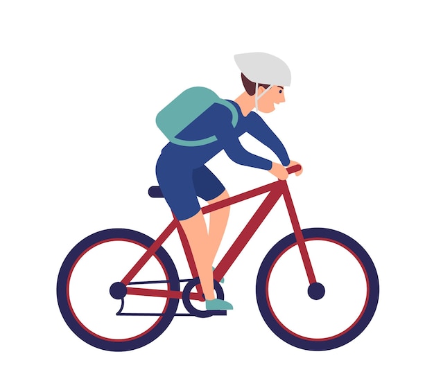 Vector vrolijke jongen in helm rijden fiets. lachende sportman op fiets geïsoleerd op een witte achtergrond. gelukkig mannelijke fietser die deelneemt aan sportrace. kleurrijke vectorillustratie in platte cartoon stijl.