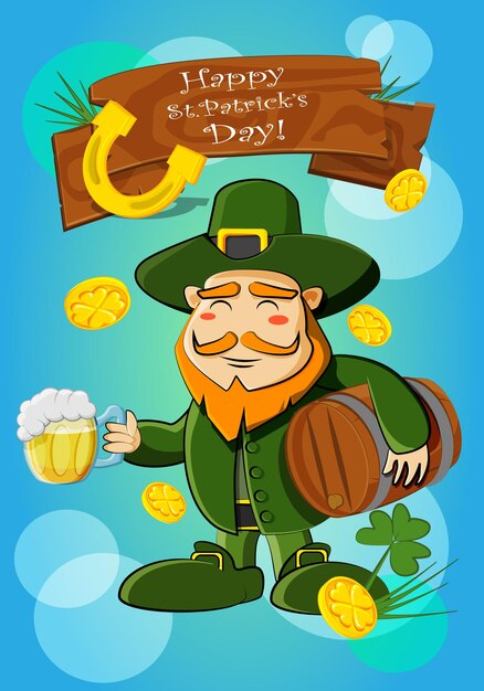 Vrolijke kabouter met een vat bier en een glas op een mooie achtergrond voor de vakantie van st patrick