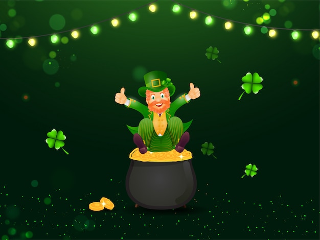 Vrolijke kaboutermens Zit op gouden muntenpot met klaverbladeren en verlichtingskrans versierd groen lichteffect voor St. Patrick's Day.