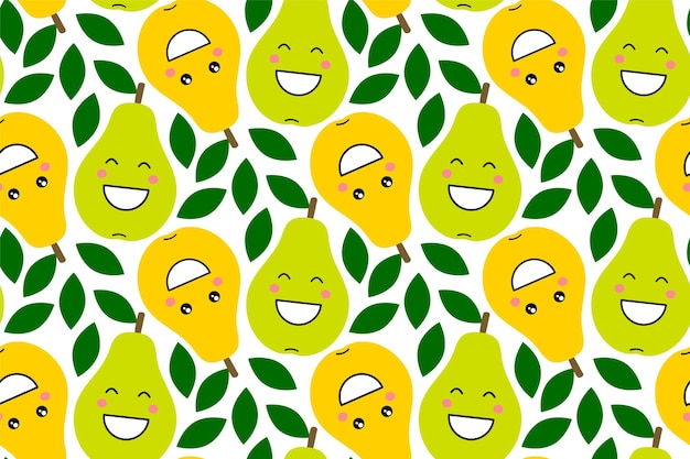 Vrolijke kawaii fruit prints voor kinderen. leuk naadloos patroon met smileyperen in beeldverhaalstijl. ornament met lachende grappige fruit. ontwerp voor kleding, textiel, stof, verpakking, schroot, cadeaupapier.