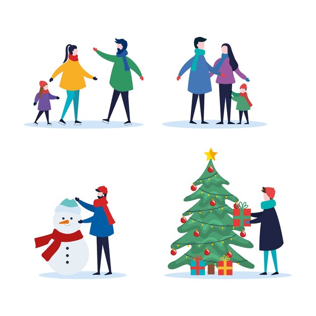 vrolijke kerstfamilie met dennenboomgiften en sneeuwpop scen set