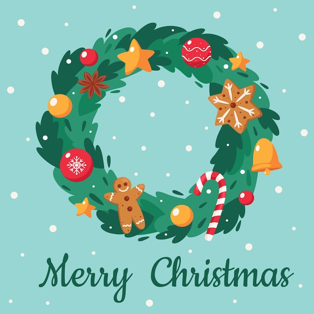 Vrolijke kerstkaart. Leuke kerstkrans.