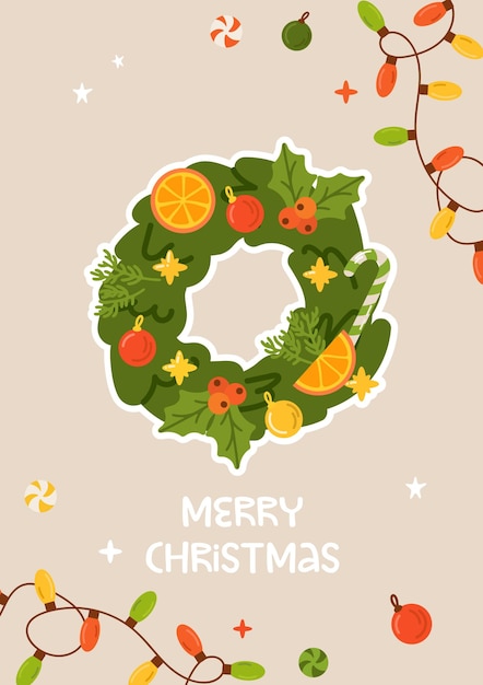 Vrolijke kerstkaart met deurkransontwerp Platte illustratie Nieuwjaarsbanner