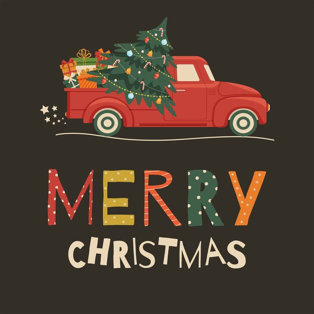 Vrolijke kerstkaart met feestelijke belettering en vintage rode vrachtwagen met dennenboom en geschenken
