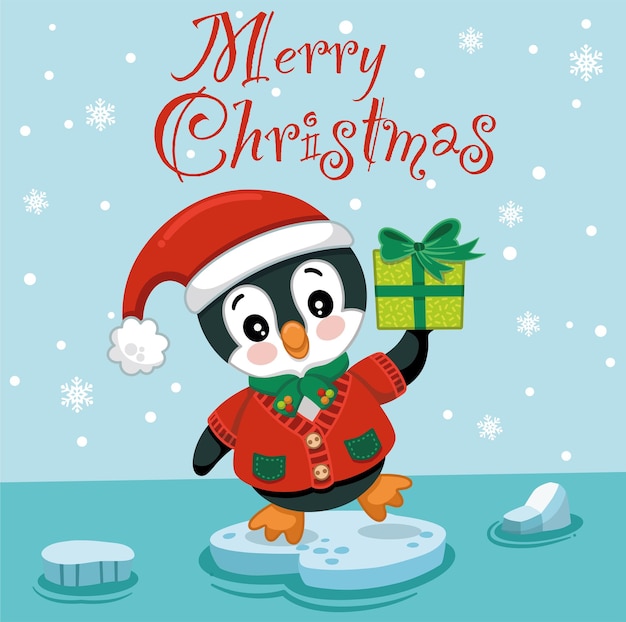 Vector vrolijke kerstkaart met schattige pinguïn inhoud vector illustratie