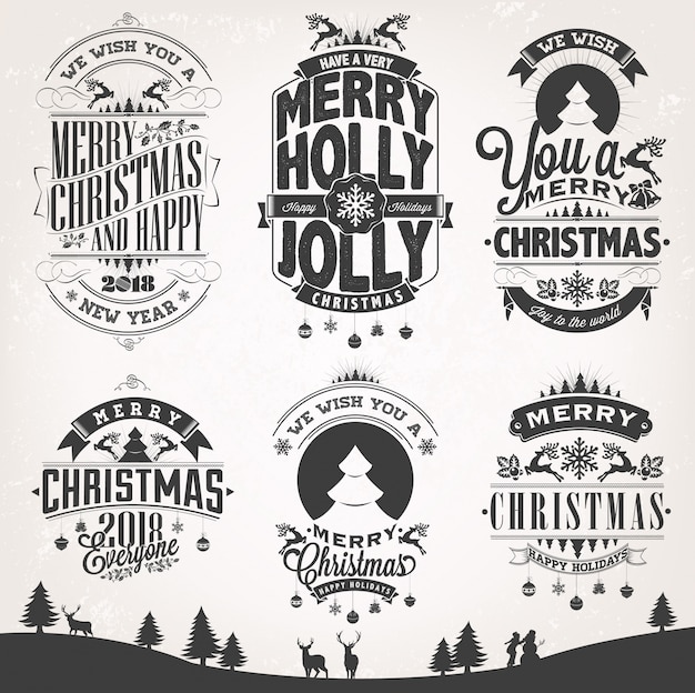 Vrolijke Kerstmis en gelukkig Nieuwjaar Vintage Vector instellen achtergrond met typografie