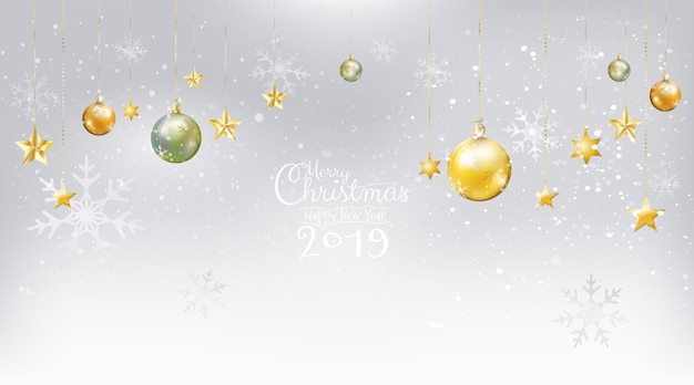 Vector vrolijke kerstmis en nieuwjaar 2019 op witte sneeuwachtergrond