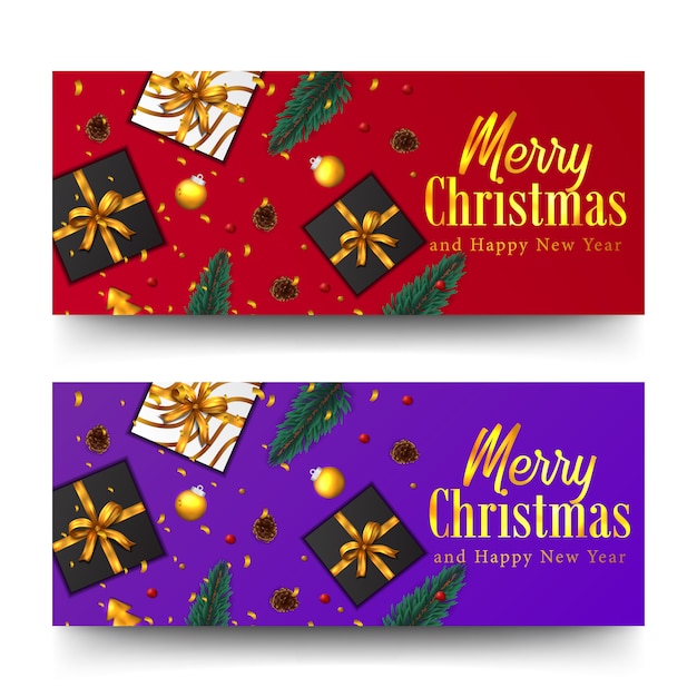 Vector vrolijke kerstmis gouden tekst en confetti. xmas banner sjabloon. sparrenbladeren, huidige doos, ballenbal