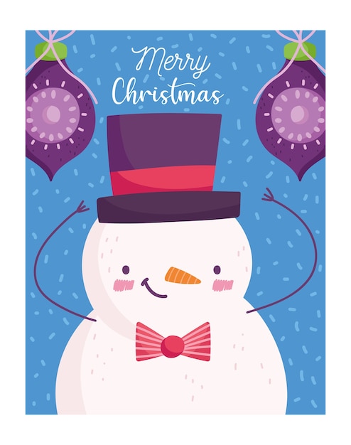 Vrolijke kerstmis, leuke sneeuwman met de illustratie van het de kaartbeeldverhaal van de ballendecoratie