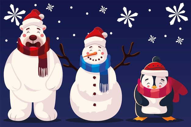 Vrolijke Kerstmissneeuwman Beer en pinguïn met hoed en sjaal sneeuwvlokken illustratie