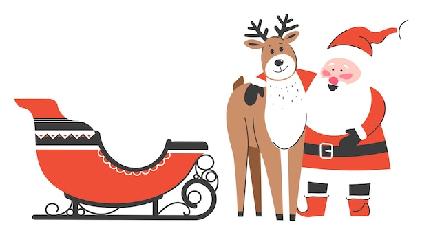 Vrolijke kerstpersonages die wachten op nieuwjaar en kerstviering. de kerstman knuffelt rendieren die bij de slee staan. grappige personages genieten van de winter op de noordpool. vector in vlakke stijl