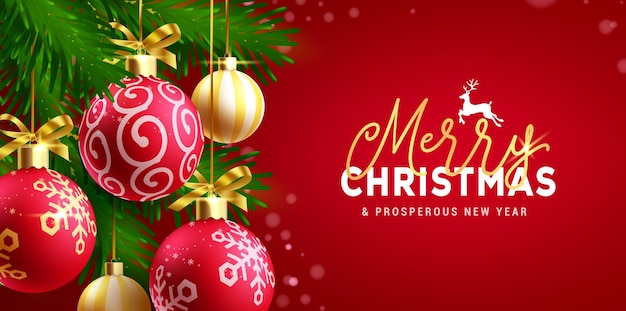 Vrolijke kersttekst vectorontwerp kerstgroetekaart met xmasballen en dennenboom