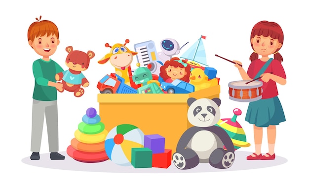 Vrolijke kinderen die samen met speelgoed in doos spelen vector kleuterschoolvreugde met grote doosspeelgoed vrolijke kindertijdillustratie