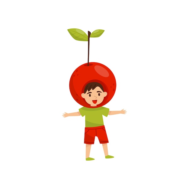 Vrolijke kleine jongen in hoofddeksels in de vorm van een rode appel Helder fruitkostuum Gelukkig peuterkind Platte vectorontwerp