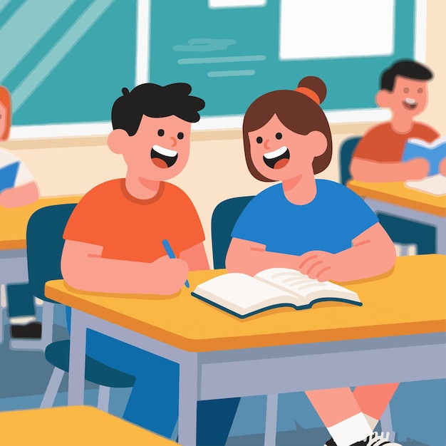Vrolijke leerlingen die in een klaslokaal studeren vlakke illustratie