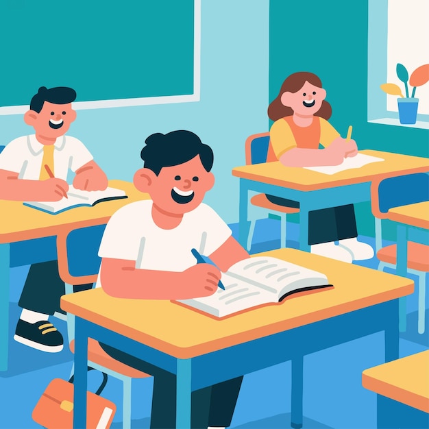Vrolijke leerlingen die in een klaslokaal studeren vlakke illustratie