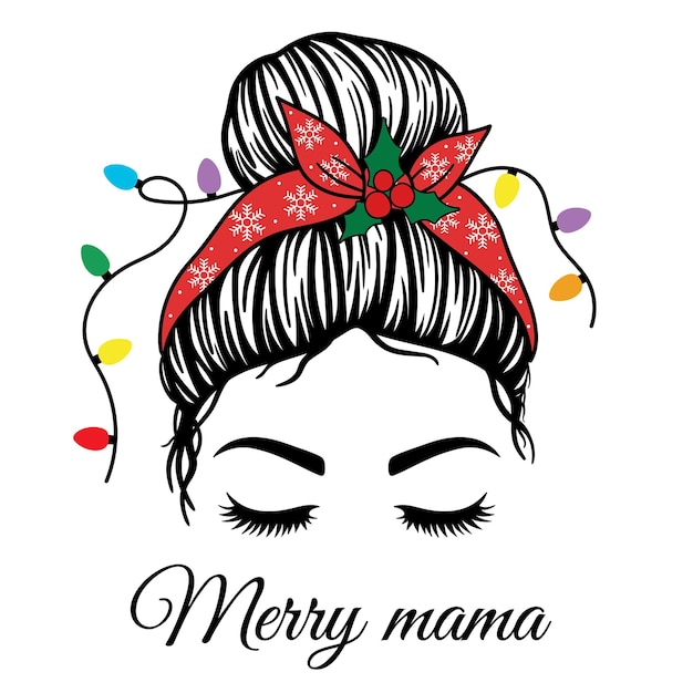 Vector vrolijke mama. kerst rommelig broodje. vrouwen gezicht met bandana met sneeuwvlokken, maretak