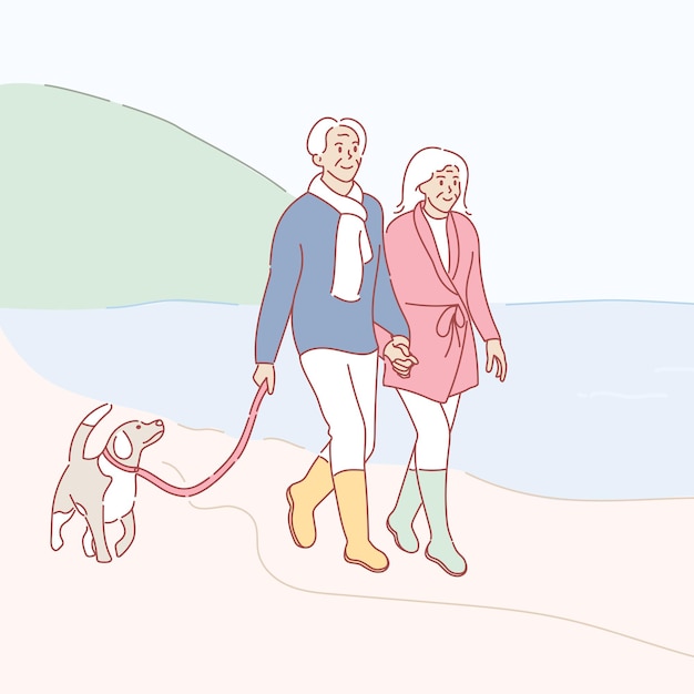 Vrolijke paar hand getekende vectorillustratie. Leeftijd man en vrouw, senior volwassenen wandelen op het strand samen met de hond. Bejaard getrouwd paar, man en vrouw met hond. Gelukkig huwelijk, pensioen
