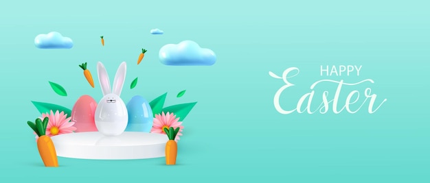 Vrolijke paasvakantie achtergrond Feestelijk ontwerp met realistische 3D-konijn en decoratieve elementen Lentebladeren en eieren Vliegende wortel Vectorillustratie
