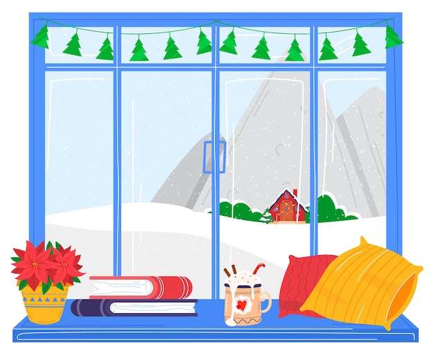 Vector vrolijke viering kerstmis witte sneeuw buiten raam winterstemming gezellige huisontwerp cartoon stijl