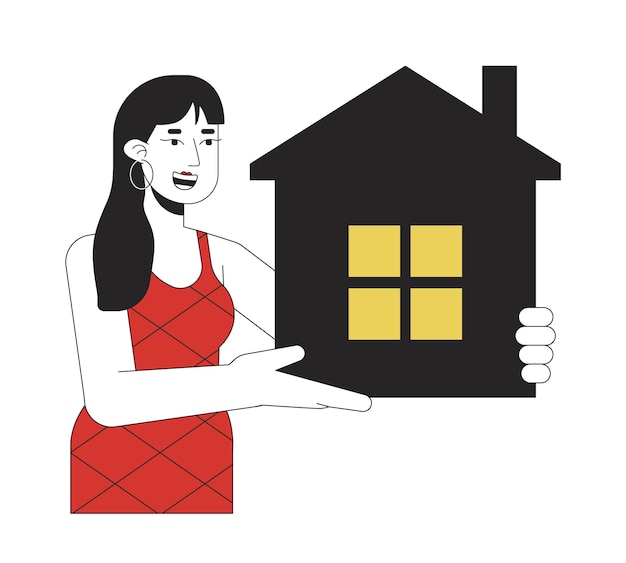 Vrolijke vrouw met appartement platte lijn kleur vector karakter Bewerkbare omtrek halve lichaam persoon met onroerend goed voortbouwend op wit Eenvoudige cartoon ter plaatse illustratie voor web grafisch ontwerp