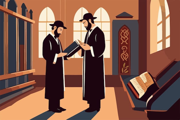 Vrome jood bidt in de synagoge die het concept van de religie van de illustratie van de Thora leest