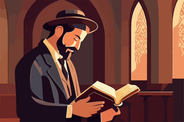 Vector vrome jood bidt in de synagoge die het concept van de religie van de illustratie van de thora leest