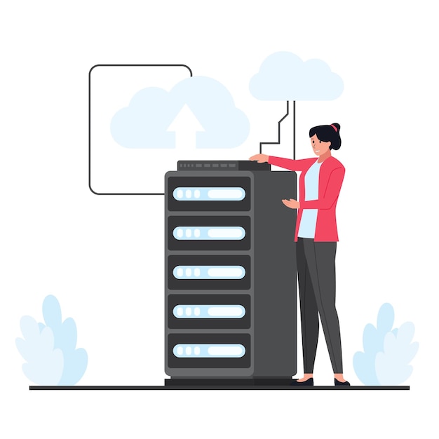 Vector vrouw aanwezig grote cloud hosting in server. flat cloud hosting illustratie.