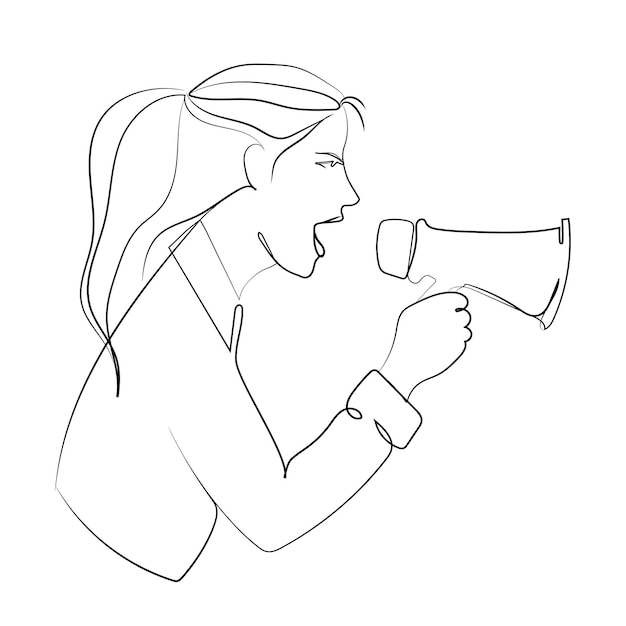 Vrouw activist schreeuwen in een luidspreker Vector lijntekening. Vrouw schreeuwt in megafoon.