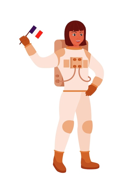 Vrouw astronaut universum ontdekkingsreiziger met vlag op wit