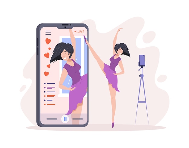 Vrouw ballerina blogger uitgezonden internet smartphone scherm