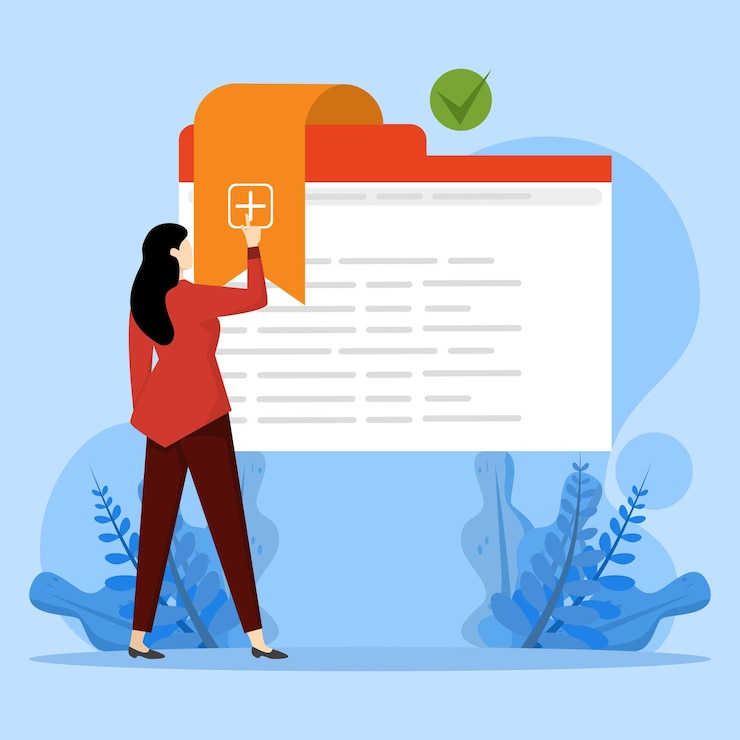 Vector vrouw bekijkt webpagina in windows-browser met bladwijzers het concept van de websiteorganisatie