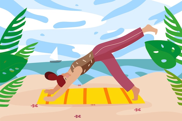 Vrouw beoefenen van yoga in zeekust achtergrond jong meisje doet asana's op mat op zee strand fysiek