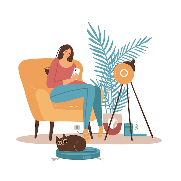 Vrouw bestuurt een slimme stofzuiger met behulp van een smartphone liggend op een comfortabele bank kat speelt met ...
