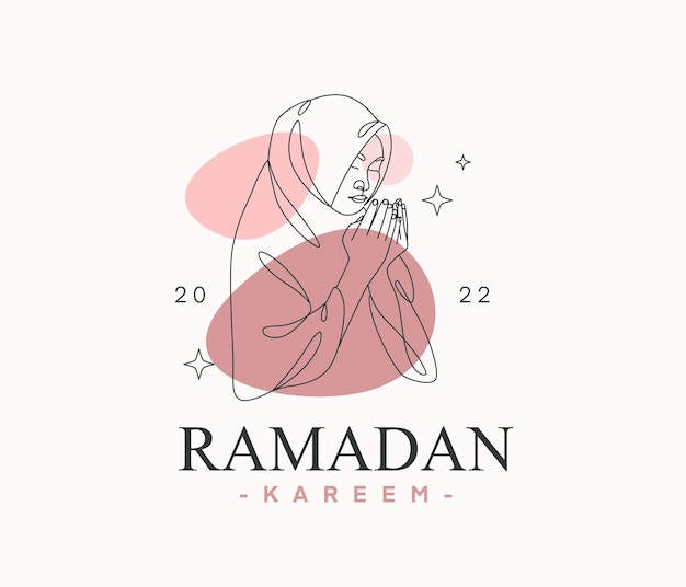 Vrouw bidt minimaal lijntekeningen logo-ontwerp voor ramadan dag
