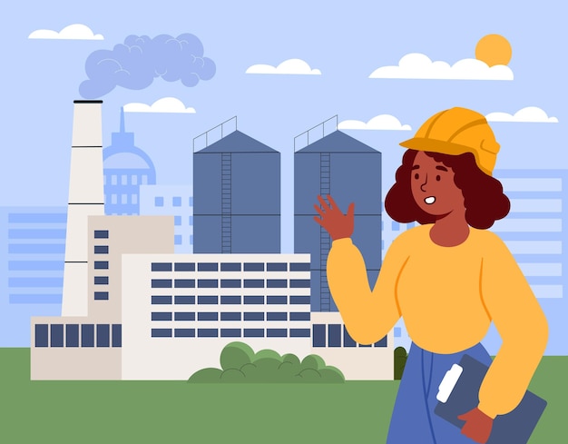 Vrouw bij ecologie fabriek concept Jong meisje in beschermende helm bij gebouwen Alternatieve energiebronnen voor de productie vermindering van emissies in de atmosfeer Cartoon platte vector illustratie