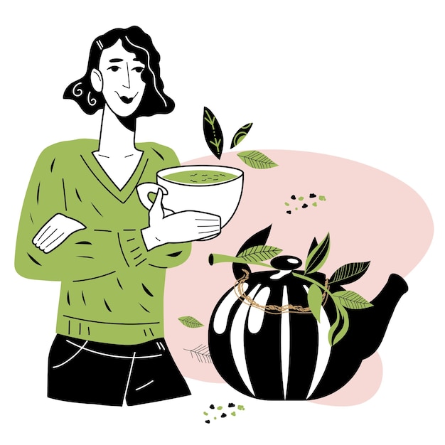 Vrouw brouwen en drinken van een kopje thee, grafische cartoon vectorillustratie geïsoleerd.
