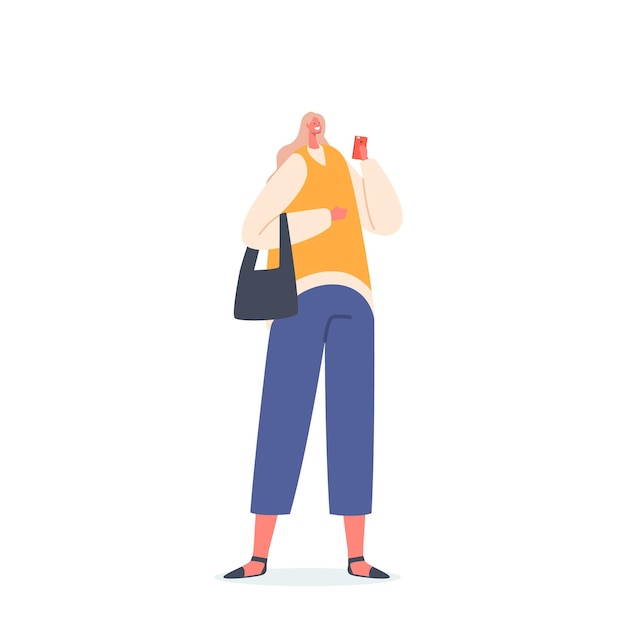 Vrouw chatten via smartphone geïsoleerd op witte achtergrond Vrouwelijk personage in vrijetijdskleding online communiceren