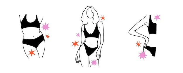 Vrouw delen Vrouwelijke omtrek lichaam in badpak of ondergoed elementen Hand getekend zwart-wit minimale illustratie Sexy huid en plus size vrouwelijke personages in beha en slipje vector geïsoleerde set