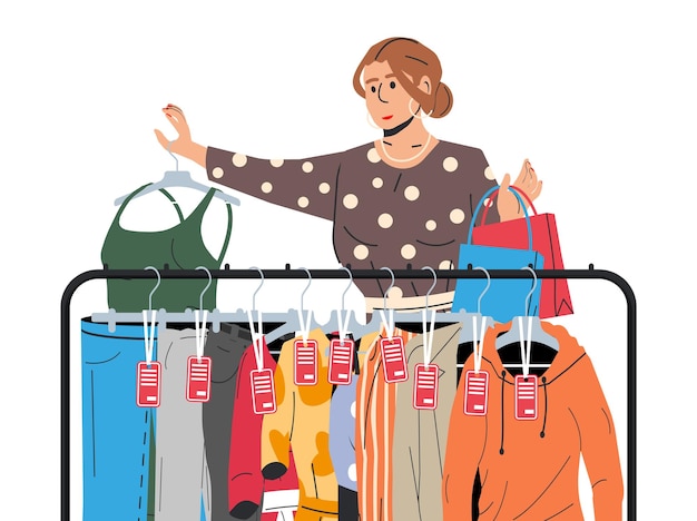 Vector vrouw, dichtbij, rek, met, kleren, vrouwen, kleren, op, hanger, huis of winkel, kledingkast, kleren, en, accessoires, gevarieerd, hangend, kleding, jas, hemd, jeans broek, spotprent, platte, vector, illustratie